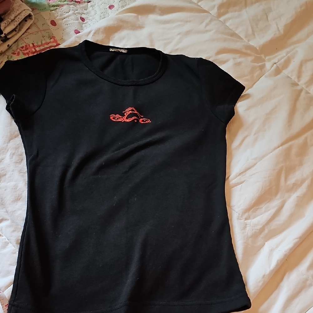 Black T-Shirt with Red Embroidered Chopper